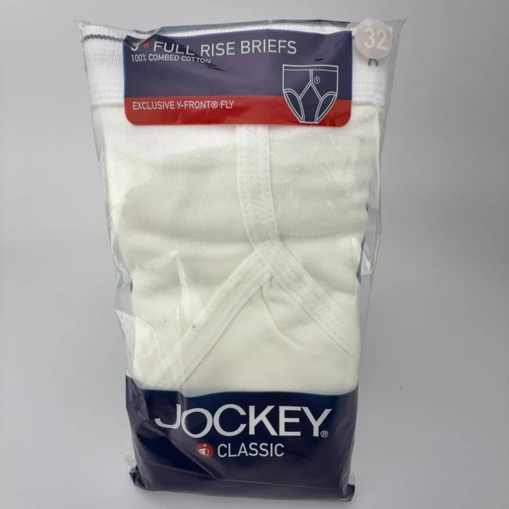 Jockey Classic 3 Pack Full Rise Briefs White Cotton Y-Front Fly Style Size 32